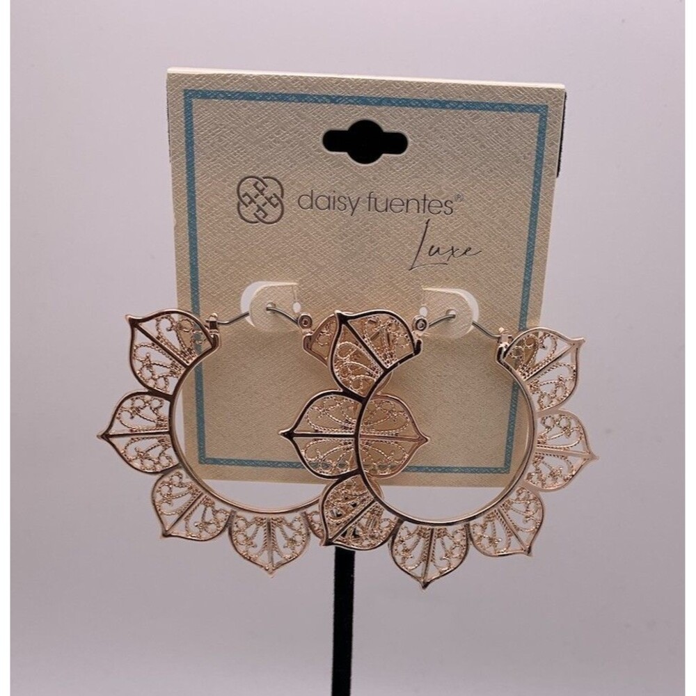 Daisy Fuentes Luxe Earrings Floral Hoops Rose Gold Tone Statement New